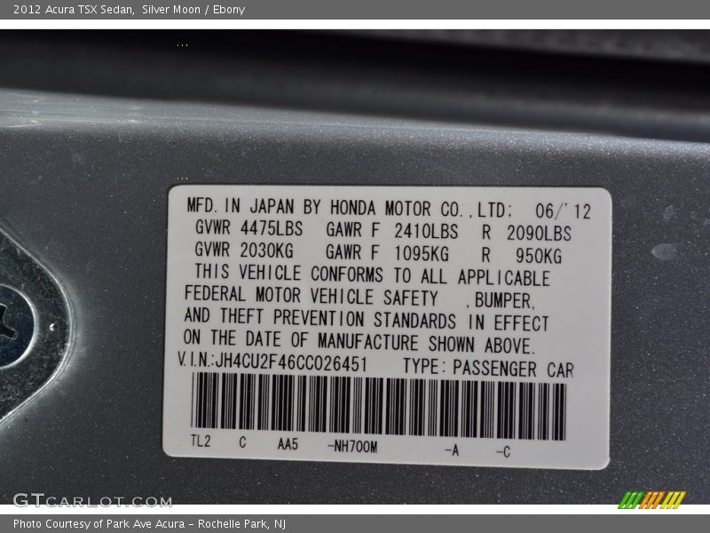 Silver Moon / Ebony 2012 Acura TSX Sedan