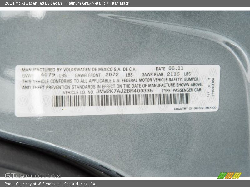 Platinum Gray Metallic / Titan Black 2011 Volkswagen Jetta S Sedan