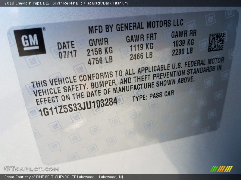 Silver Ice Metallic / Jet Black/Dark Titanium 2018 Chevrolet Impala LS