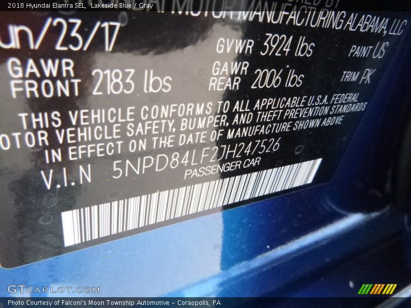 Lakeside Blue / Gray 2018 Hyundai Elantra SEL