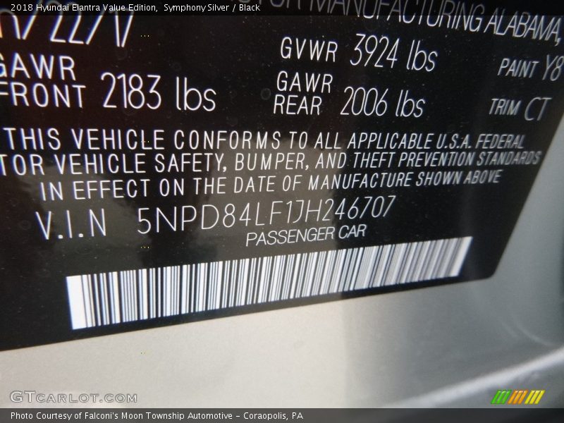 Symphony Silver / Black 2018 Hyundai Elantra Value Edition