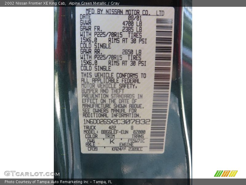Alpine Green Metallic / Gray 2002 Nissan Frontier XE King Cab