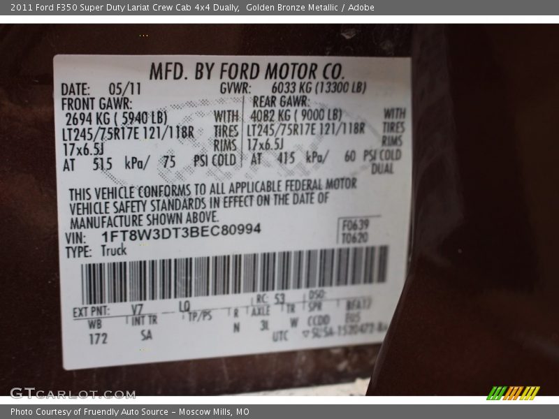 Golden Bronze Metallic / Adobe 2011 Ford F350 Super Duty Lariat Crew Cab 4x4 Dually