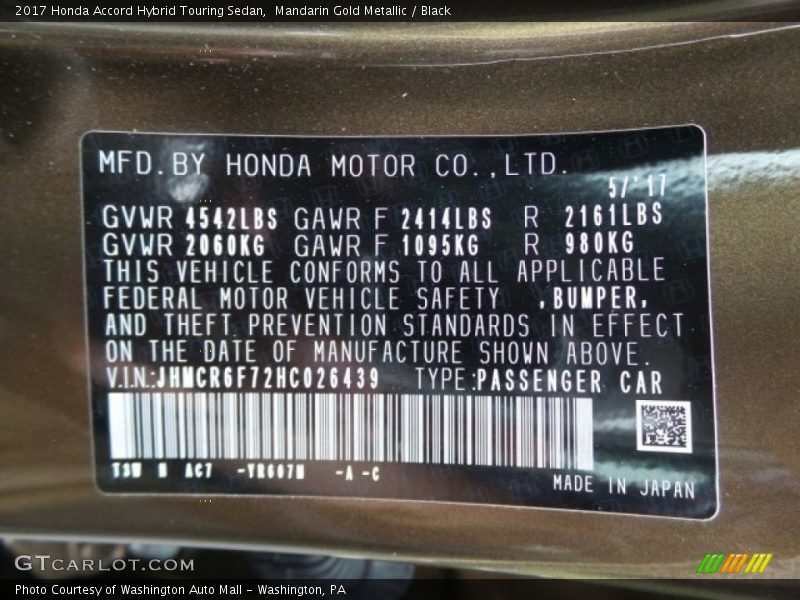 Mandarin Gold Metallic / Black 2017 Honda Accord Hybrid Touring Sedan