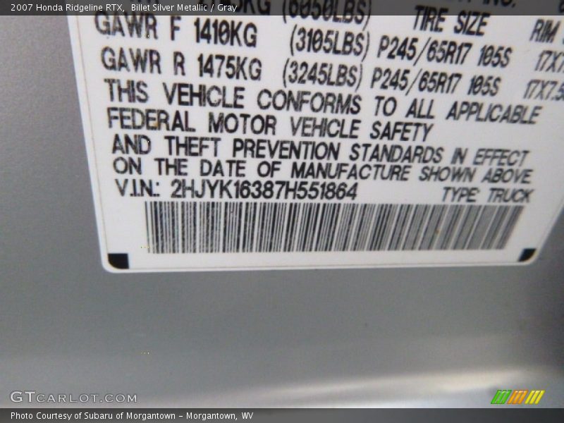 Billet Silver Metallic / Gray 2007 Honda Ridgeline RTX