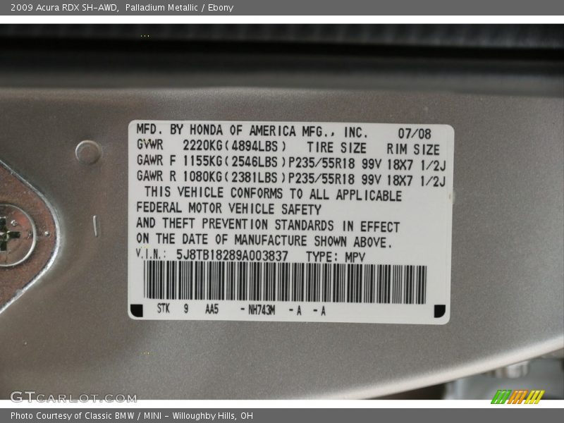Palladium Metallic / Ebony 2009 Acura RDX SH-AWD