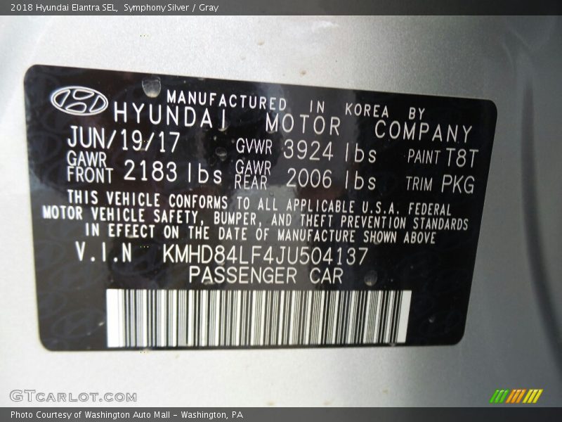 Symphony Silver / Gray 2018 Hyundai Elantra SEL