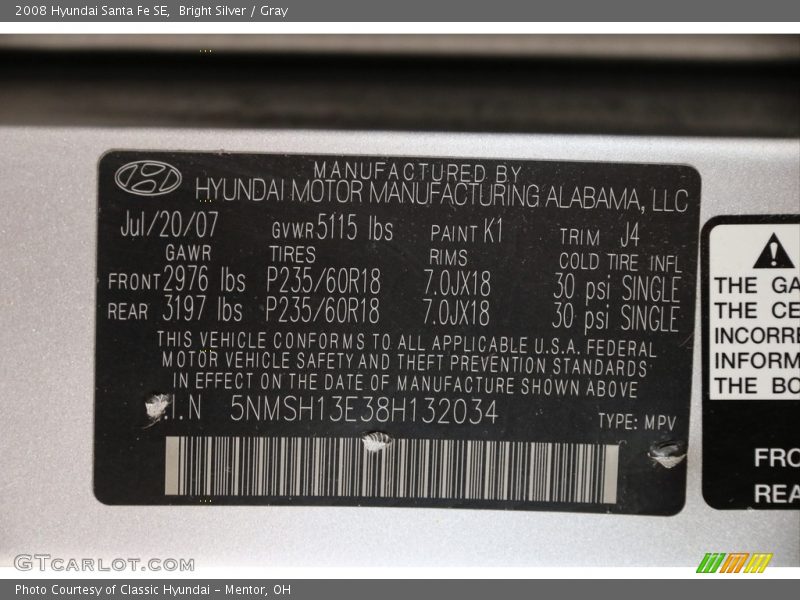 Bright Silver / Gray 2008 Hyundai Santa Fe SE