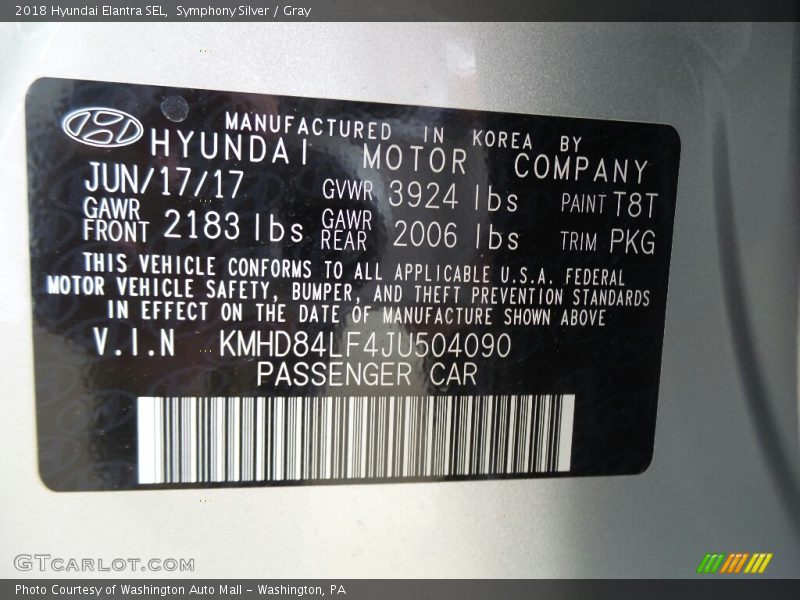 Symphony Silver / Gray 2018 Hyundai Elantra SEL
