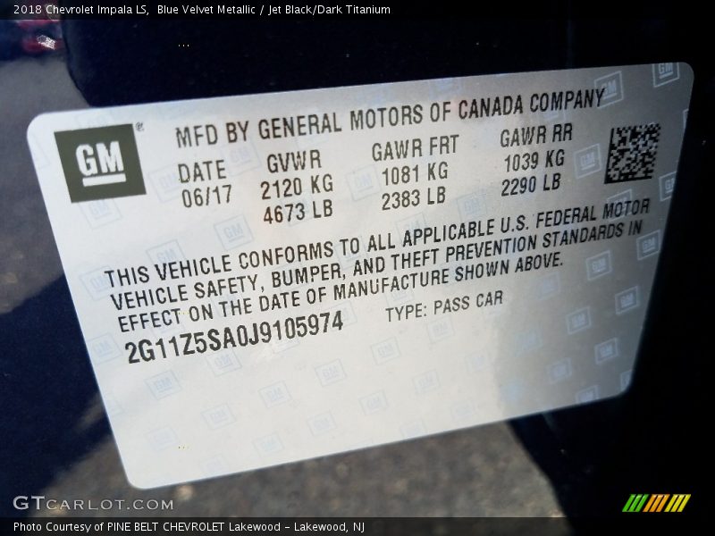 Blue Velvet Metallic / Jet Black/Dark Titanium 2018 Chevrolet Impala LS