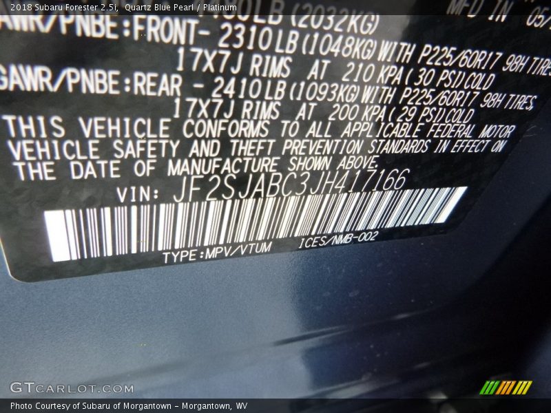 Quartz Blue Pearl / Platinum 2018 Subaru Forester 2.5i
