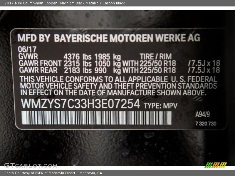 Midnight Black Metallic / Carbon Black 2017 Mini Countryman Cooper