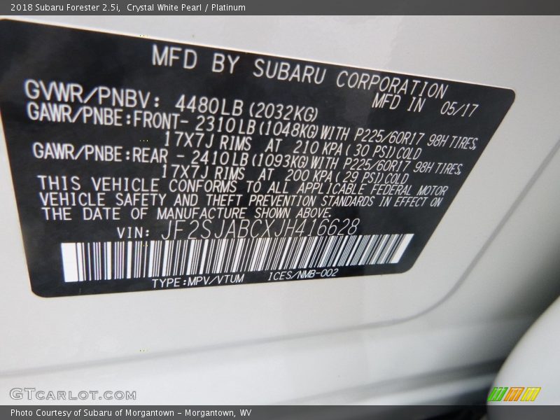 Crystal White Pearl / Platinum 2018 Subaru Forester 2.5i