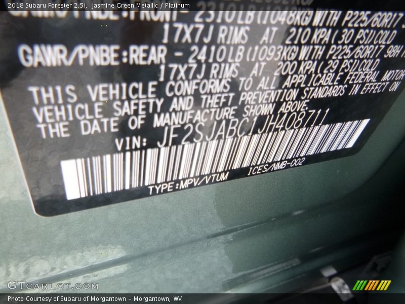 Jasmine Green Metallic / Platinum 2018 Subaru Forester 2.5i