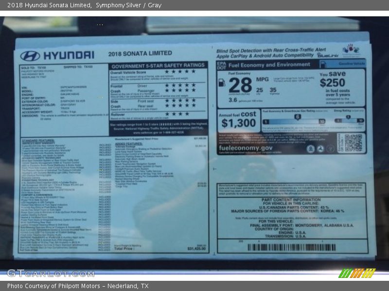Symphony Silver / Gray 2018 Hyundai Sonata Limited