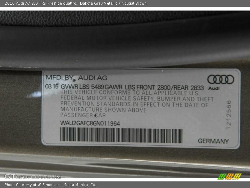 Dakota Grey Metallic / Nougat Brown 2016 Audi A7 3.0 TFSI Prestige quattro