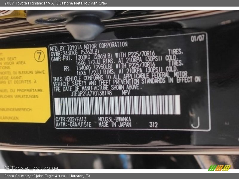 Bluestone Metallic / Ash Gray 2007 Toyota Highlander V6