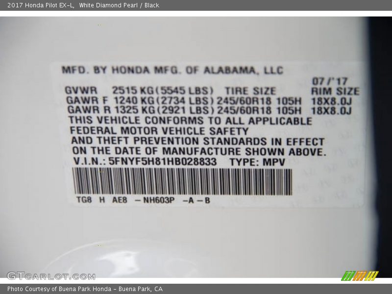 White Diamond Pearl / Black 2017 Honda Pilot EX-L