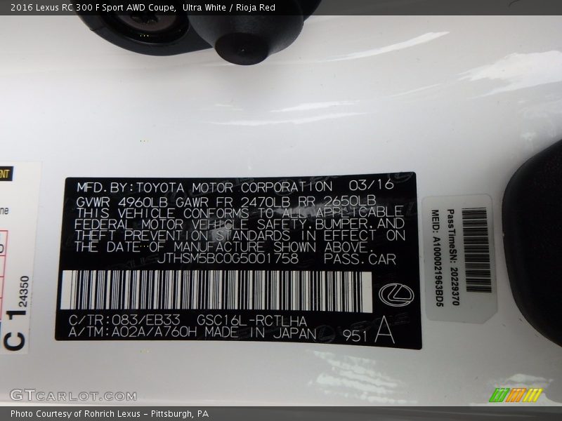 2016 RC 300 F Sport AWD Coupe Ultra White Color Code 083