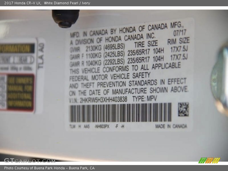 White Diamond Pearl / Ivory 2017 Honda CR-V LX