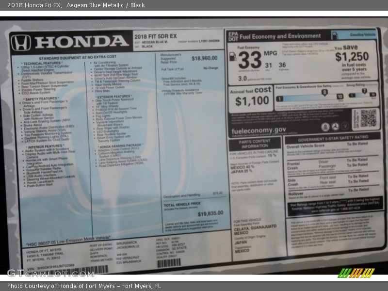 Aegean Blue Metallic / Black 2018 Honda Fit EX