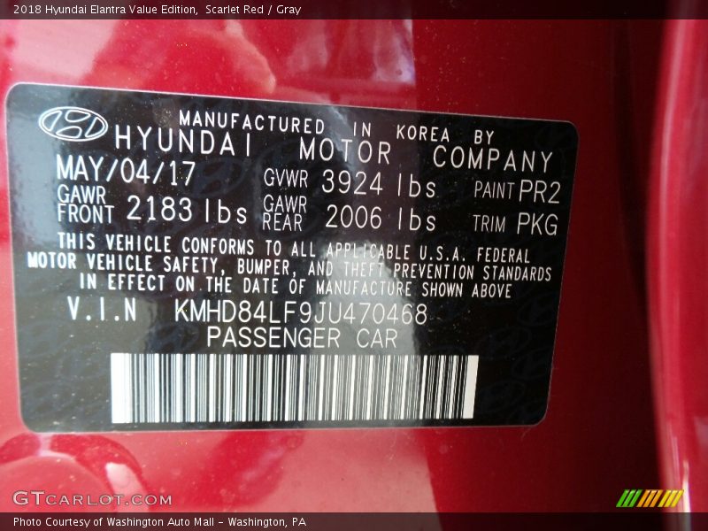 Scarlet Red / Gray 2018 Hyundai Elantra Value Edition