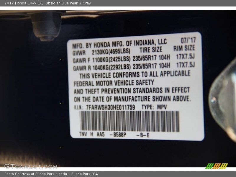 Obsidian Blue Pearl / Gray 2017 Honda CR-V LX