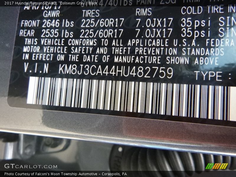 Coliseum Gray / Black 2017 Hyundai Tucson SE AWD