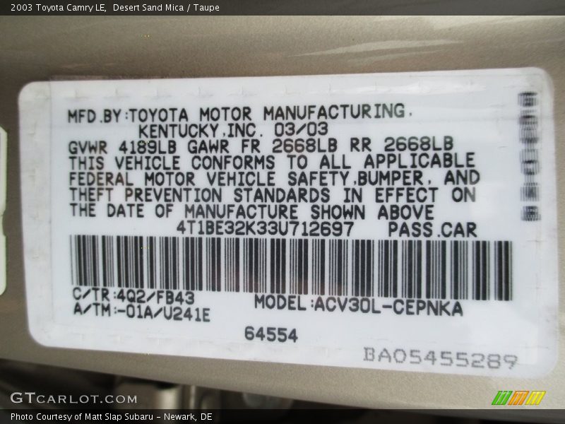Desert Sand Mica / Taupe 2003 Toyota Camry LE