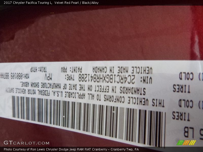 Velvet Red Pearl / Black/Alloy 2017 Chrysler Pacifica Touring L
