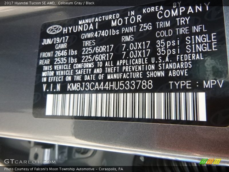 Coliseum Gray / Black 2017 Hyundai Tucson SE AWD