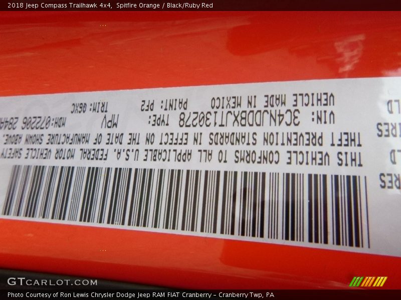 2018 Compass Trailhawk 4x4 Spitfire Orange Color Code PF2