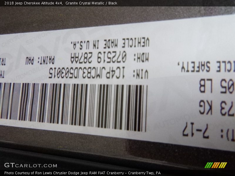 2018 Cherokee Altitude 4x4 Granite Crystal Metallic Color Code PAU