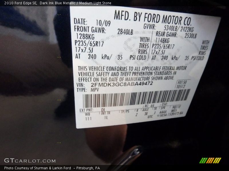 Dark Ink Blue Metallic / Medium Light Stone 2010 Ford Edge SE