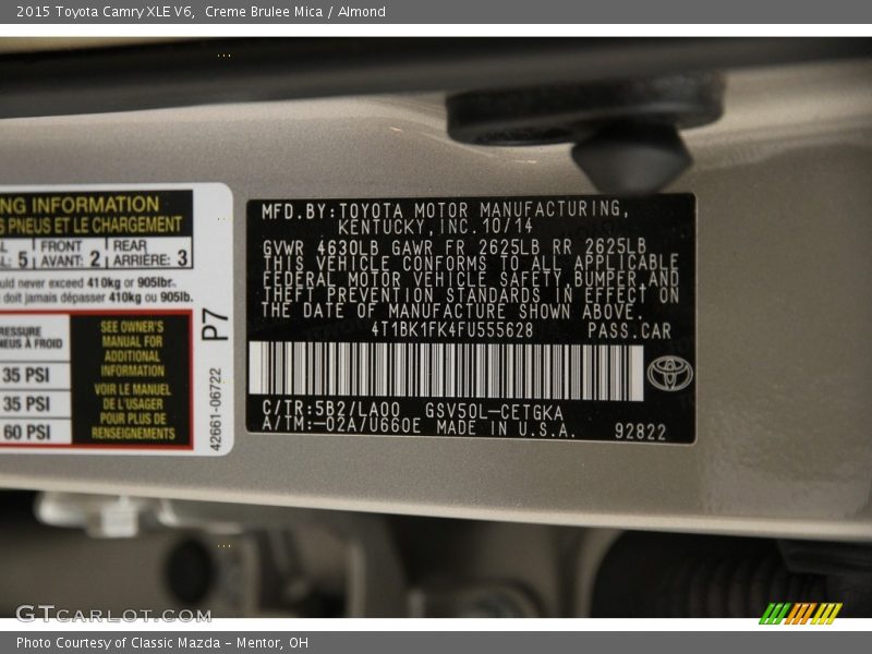 2015 Camry XLE V6 Creme Brulee Mica Color Code 5B2