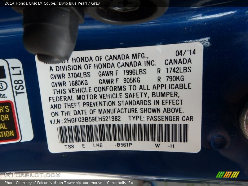 Dyno Blue Pearl / Gray 2014 Honda Civic LX Coupe