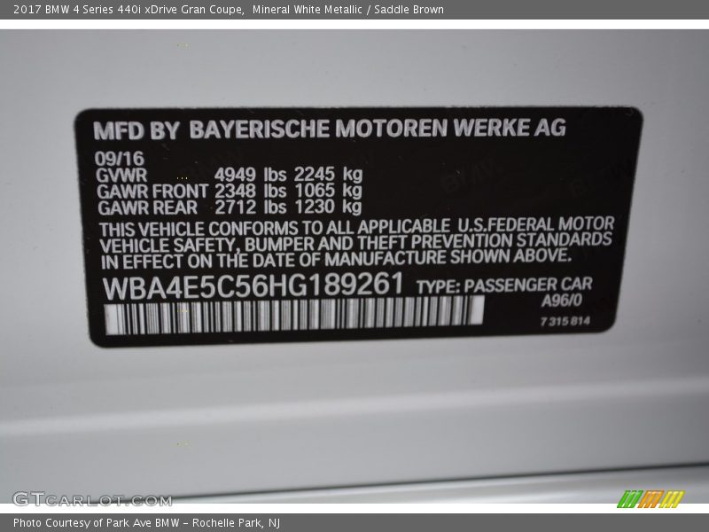 2017 4 Series 440i xDrive Gran Coupe Mineral White Metallic Color Code A96