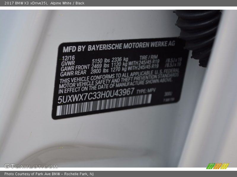 Alpine White / Black 2017 BMW X3 xDrive35i