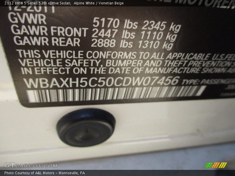 Alpine White / Venetian Beige 2012 BMW 5 Series 528i xDrive Sedan