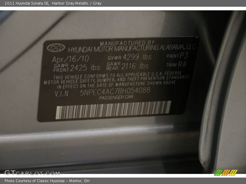 Harbor Gray Metallic / Gray 2011 Hyundai Sonata SE