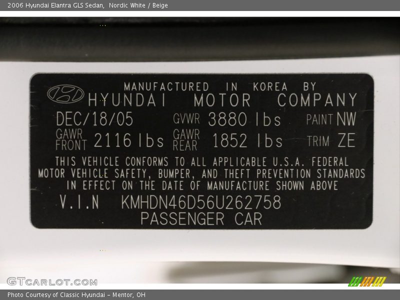 Nordic White / Beige 2006 Hyundai Elantra GLS Sedan