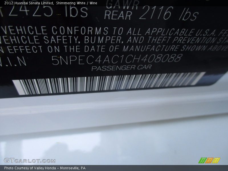 Shimmering White / Wine 2012 Hyundai Sonata Limited