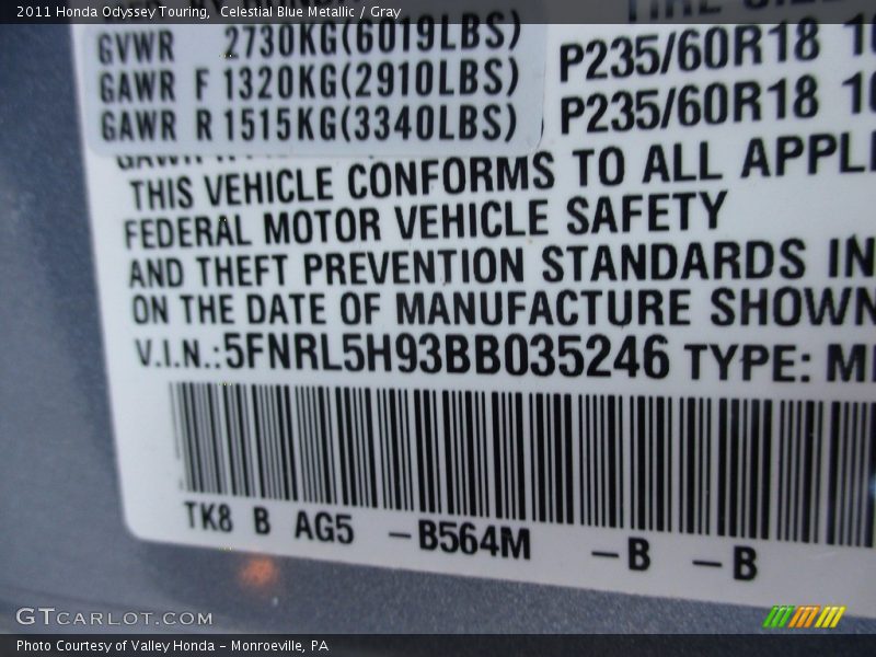 Celestial Blue Metallic / Gray 2011 Honda Odyssey Touring