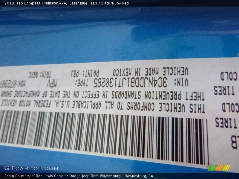 2018 Compass Trailhawk 4x4 Laser Blue Pearl Color Code PBJ