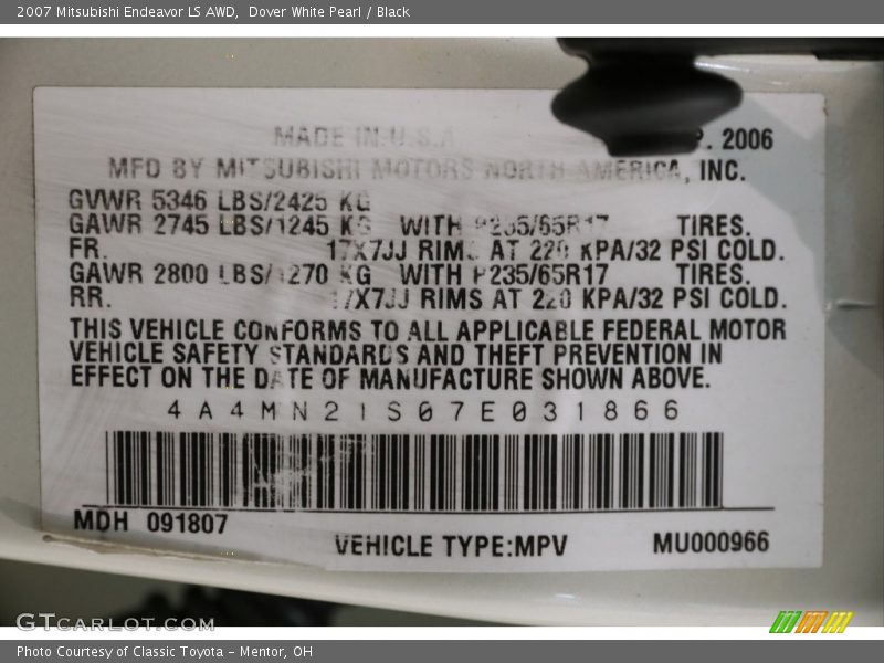 Dover White Pearl / Black 2007 Mitsubishi Endeavor LS AWD