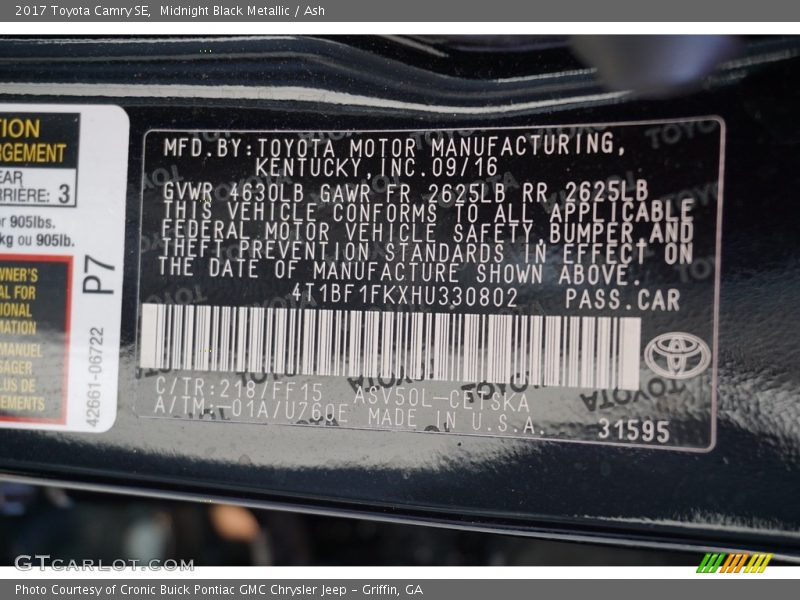 Midnight Black Metallic / Ash 2017 Toyota Camry SE