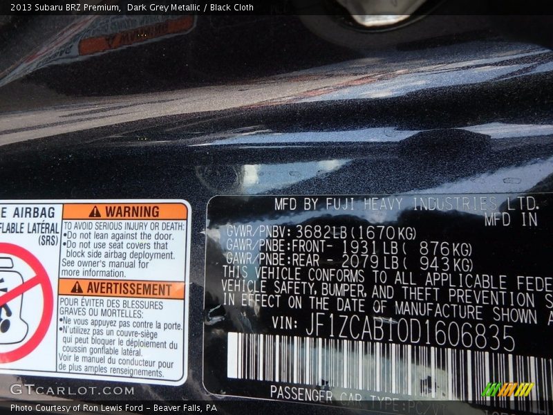Dark Grey Metallic / Black Cloth 2013 Subaru BRZ Premium