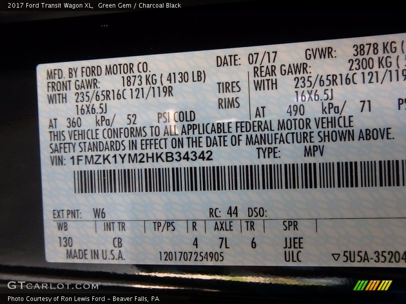 2017 Transit Wagon XL Green Gem Color Code W6