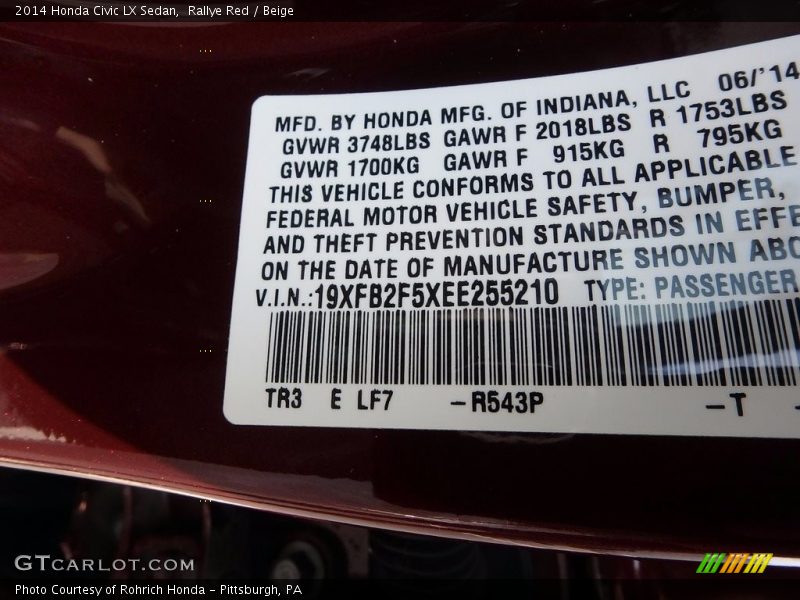 Rallye Red / Beige 2014 Honda Civic LX Sedan