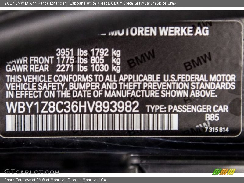 Capparis White / Mega Carum Spice Grey/Carum Spice Grey 2017 BMW i3 with Range Extender